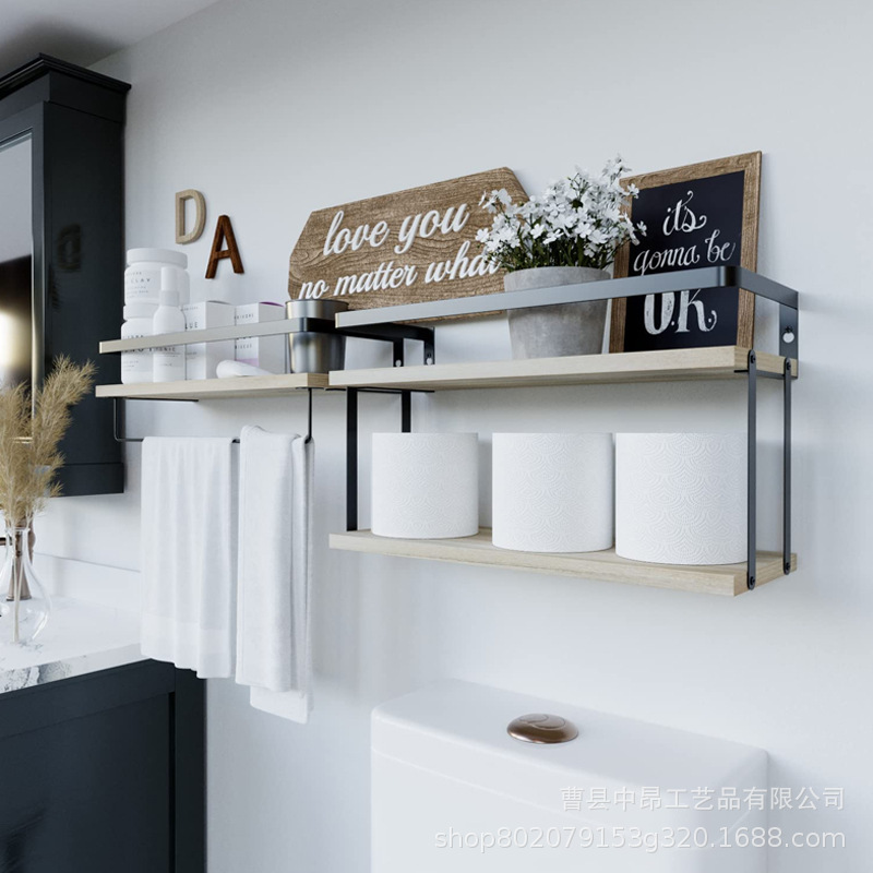 Wall Mounted Floating Shelves Rustic Wood Walls with Metal Frame Bathroom Kitchen Bedroom Storage Rack