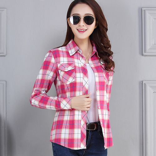 Korean-style checkered women's slim-fitting, figure-hugging cotton long-sleeved base shirt for students, large women's clothing, versatile outerwear