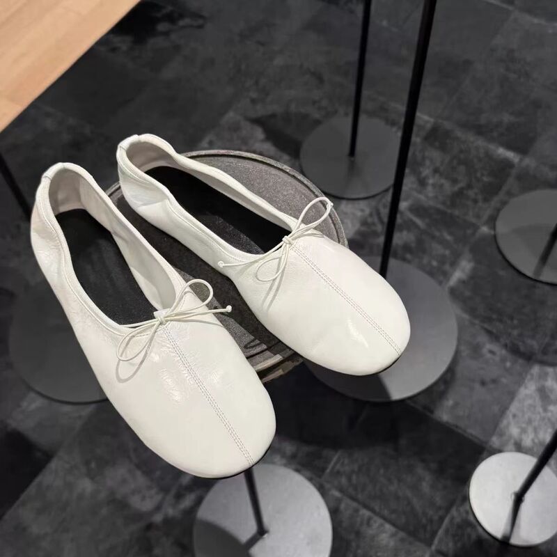 Sheepskin Ballet Flats Women's Bow Round-Toe Loafers Slip-On Comfortable Granny Shoes