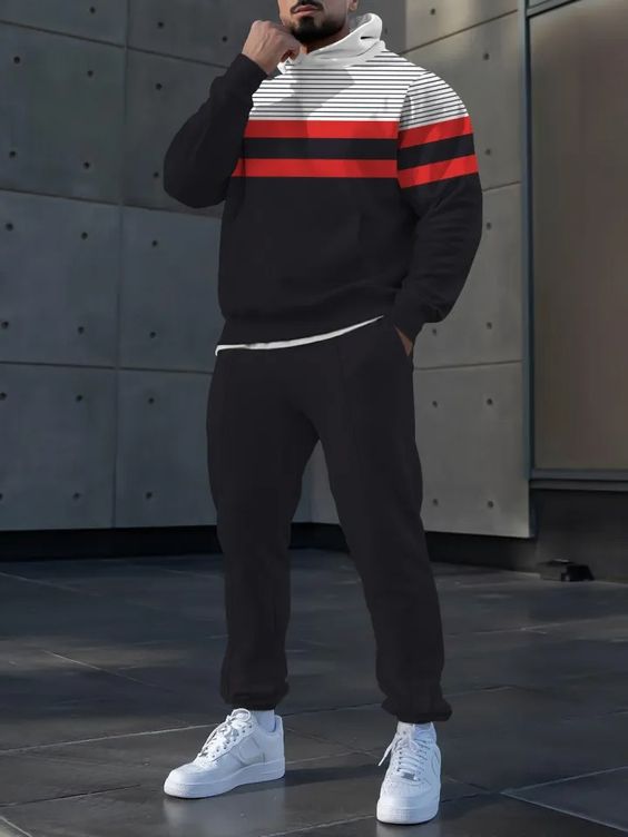 Pantalones de suéter con capucha de estilo personalizado de dos piezas con estampado digital a rayas clásico MC11-ML1