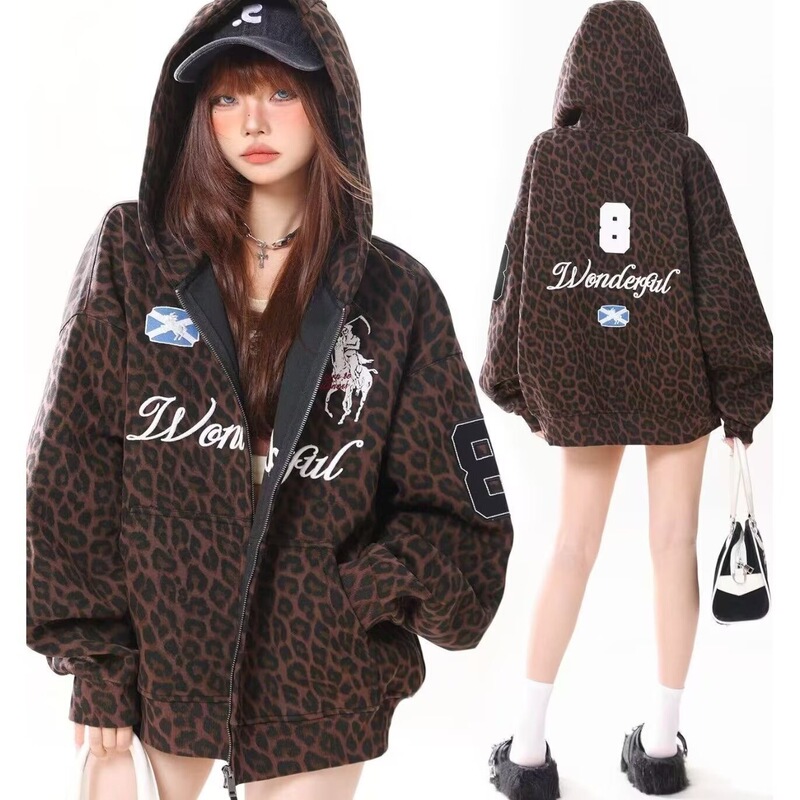 2026 Spring and Autumn American Retro Leopard Print Patch Embroidery Printed Hooded Unisex Sweatshirt Casual Loose Cardigan Jacket