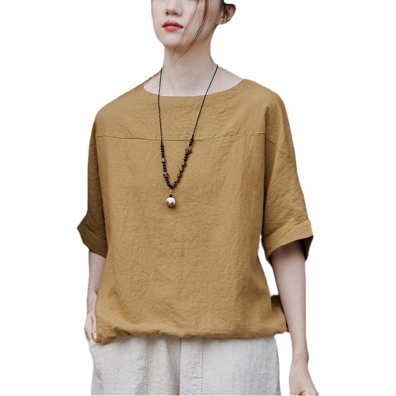 25 Xia Xin コットンとリネンの女性の文学レトロなルーズ薄いサンドウォッシュラウンドネックスプライシング半袖トップ女性のコットンとリネンの T シャツ