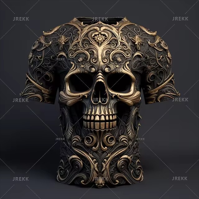 Verano calle todo-fósforo suelto cuello redondo manga corta transpirable camiseta de hombre thriller esqueleto relieve impresión digital 3D