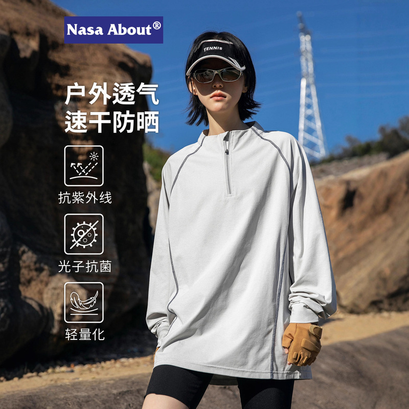 Nasa Outdoor Half-Zip Quick-Drying Sun Protection T-Shirt Summer Breathable Moisture-Absorbent Loose Long-Sleeved T-Shirt Sports Training Clothing
