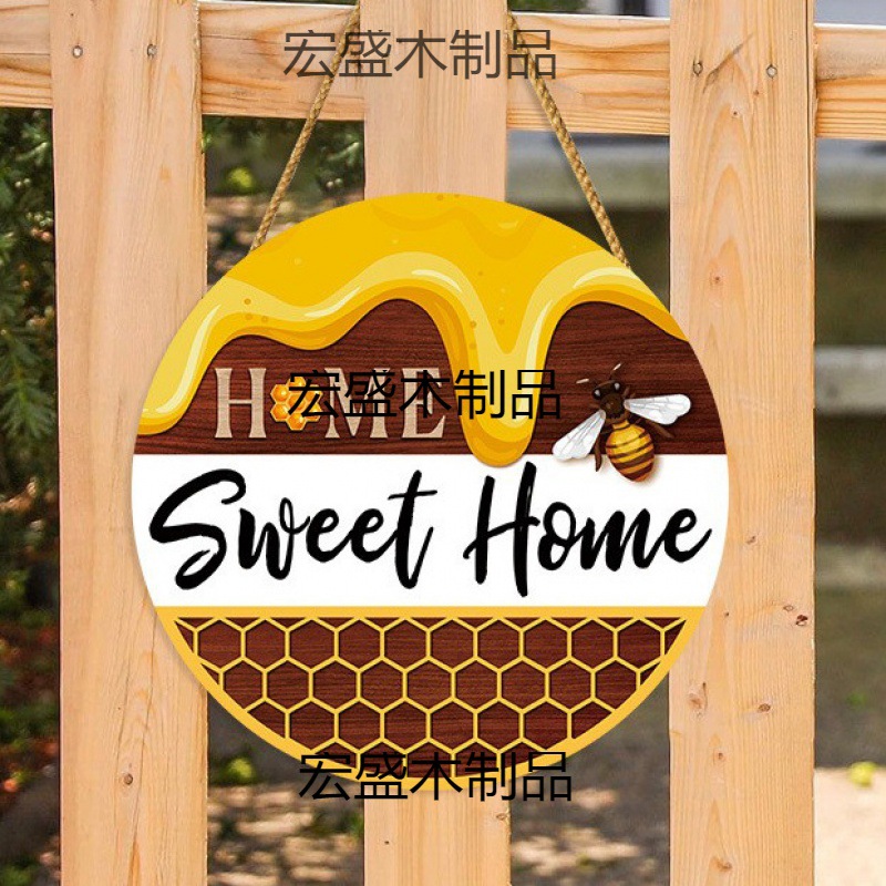 新款蜜蜂标志木质田园装饰墙壁挂板bee春天卡通农舍门挂欢迎门牌