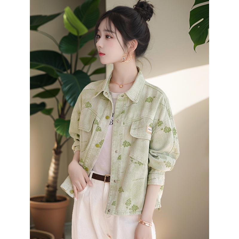2025 New Spring and Autumn Chic Design All-match Long Sleeve Jacket Top Super Nice Printed Denim Jacket for Women