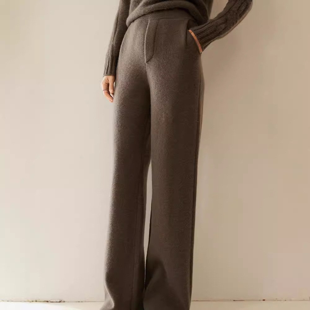 캐주얼 캐시미어 와이드 레그 바지 여성용 두꺼운 데프 스트레이트 슬림 높은 허리 바닥 길이 니트 캐시미어 긴 바지