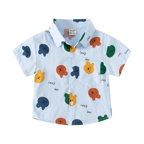 Handsome home casual children's short-sleeved boy's lapel shirt with bear pattern children's cartoon cotton short-sleeved shirt