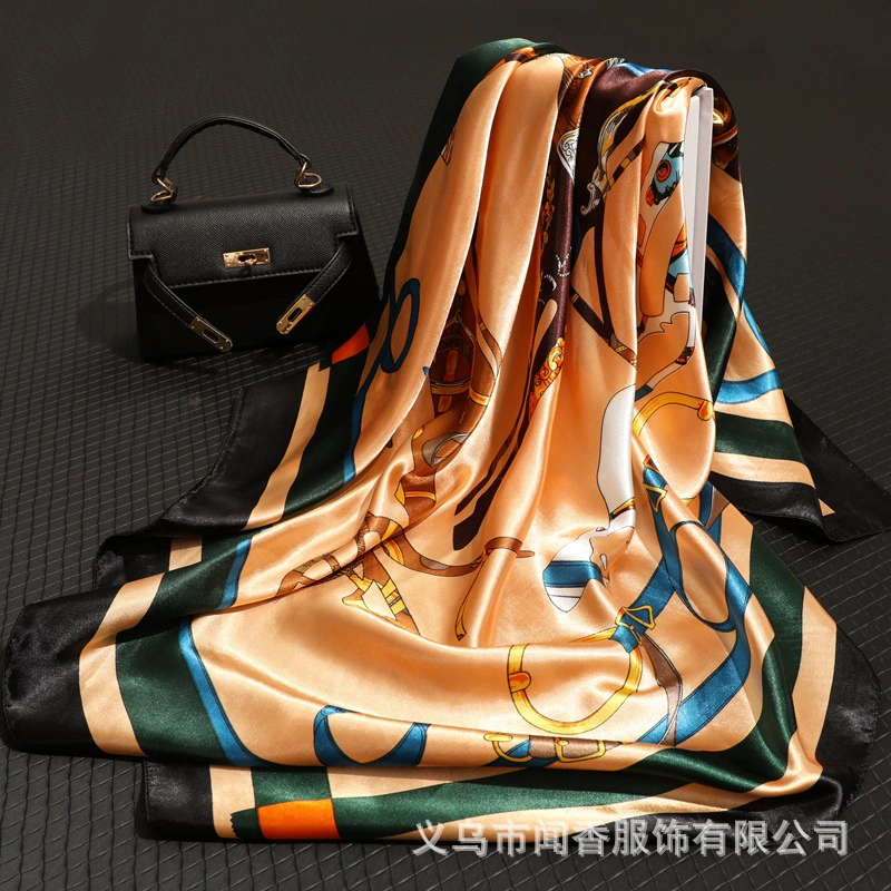 Classic realistic silk carriage, square scarf, 90cm, with neck protection