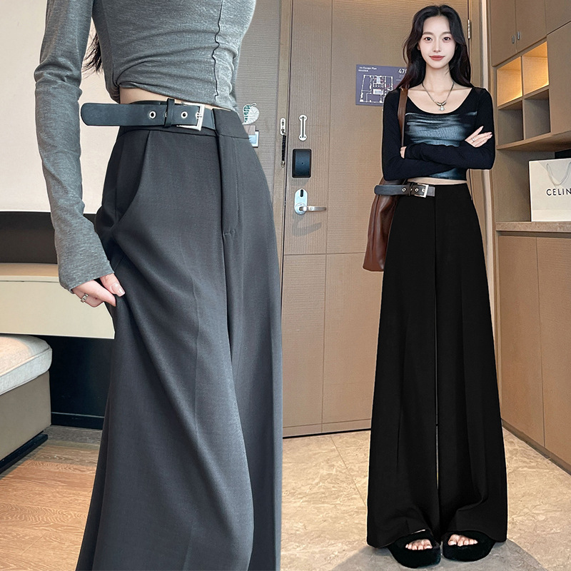 拉夏贝尔高级感垂顺直筒西装裤女春秋新款美拉德设计感腰带阔腿裤