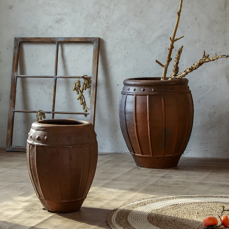 Decoración silenciosa de cerámica maceta de cerámica de color de tierra vasijas de flores de barril de cerámica residencial vasijas de cerámica rural vasijas de cerámica pastorales