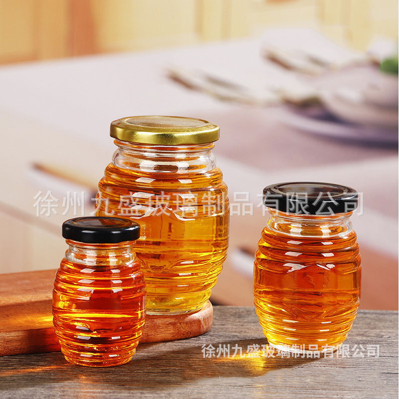 批发螺纹蜂蜜瓶玻璃瓶蜂蜜带盖密封果酱瓶酱菜瓶透明辣椒酱瓶