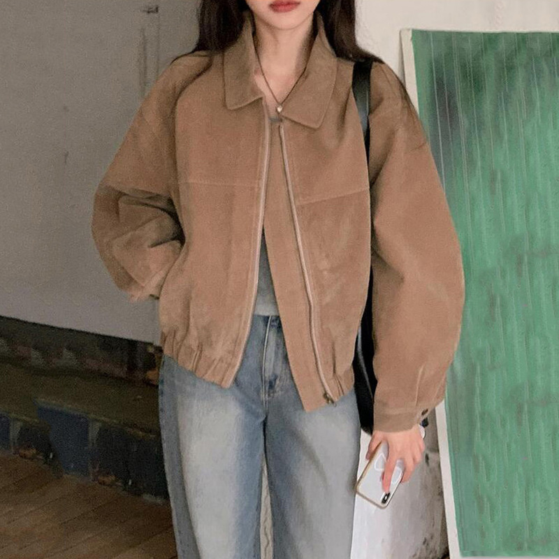 2025秋冬新款法式美拉德复古棕色系宽松鹿皮绒棒球服帅气机车外套|undefined