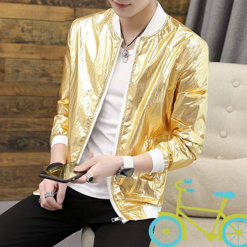 Autumn Golden Silver glossy reflective baseball uniform trendy slim jacket men's jacket top clothes plus size men's clothing
