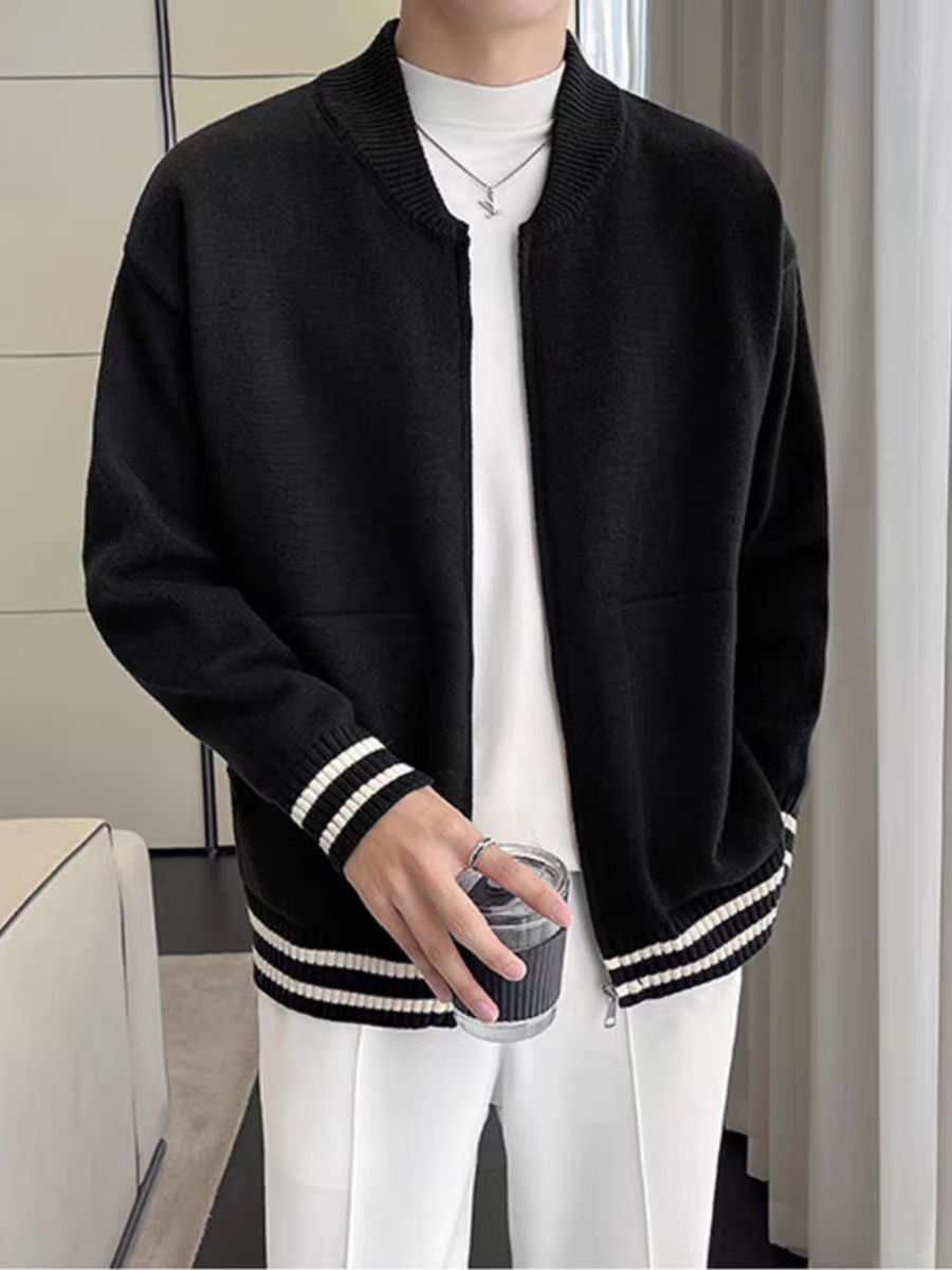 Cardigan da uomo a righe con zip per autunno inverno_voghion.com
