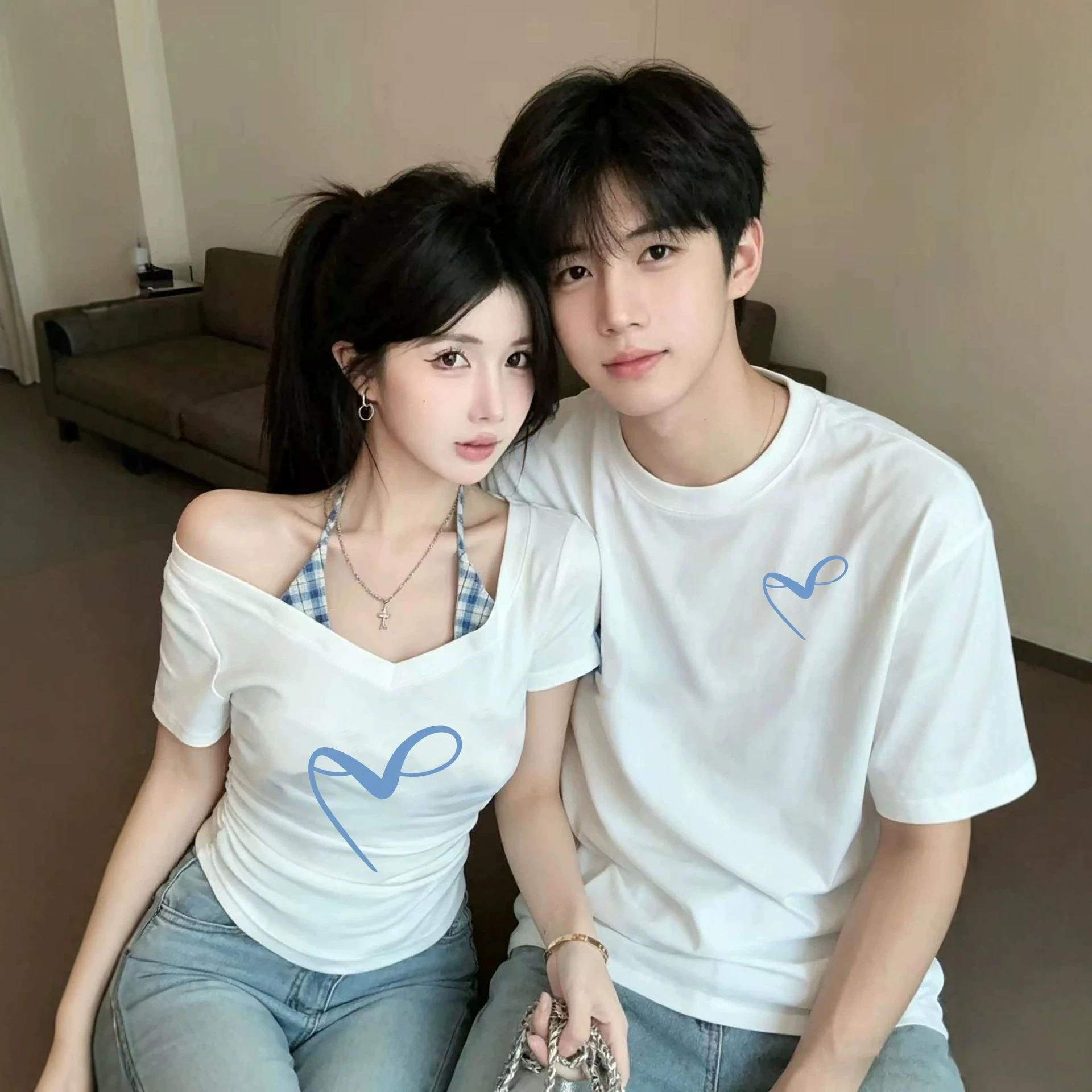 Super popular niche couple's fitted short-sleeved faux two-piece set, hot style, women's summer, unique style, men's top.