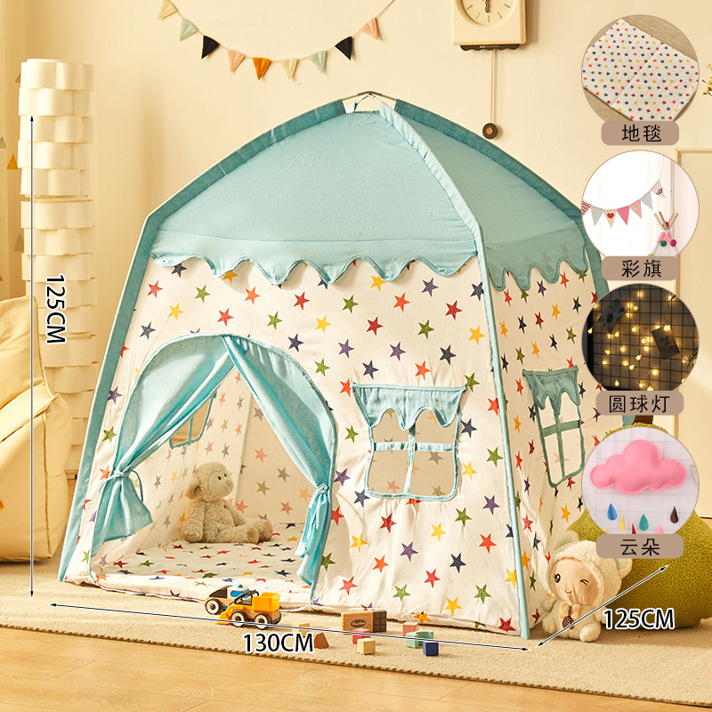 Estrellas azules + alfombra + Bunting + luces de estrellas + nubes