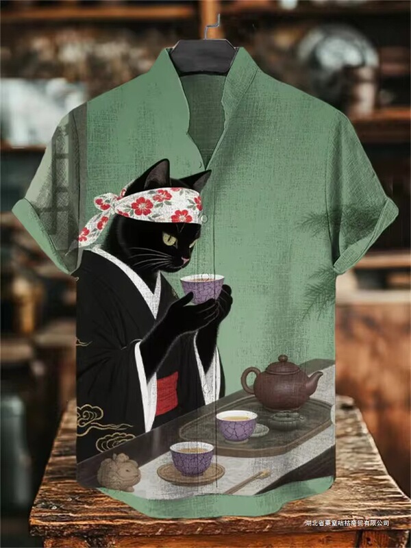 Men's Funny Black Cat Samurai Japanese Art 3D Printed Casual Shirt Summer Men's Short Sleeve Shirt Xiaowei