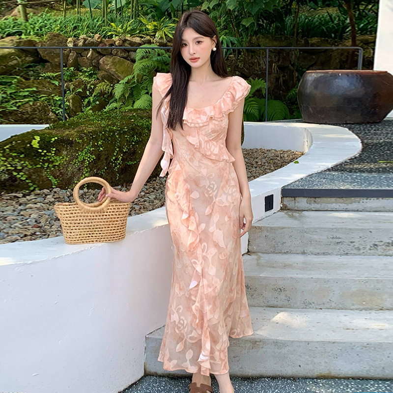 2025 New Summer Women's Round Neck Short-Sleeved High-Waist Dress Chiffon Floral Slimming Fishtail Long Skirt for Women