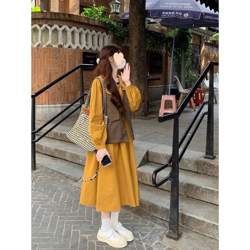 胖2-300斤時尚套裝女秋季寬鬆大碼背心馬甲+娃娃領連衣裙兩件套