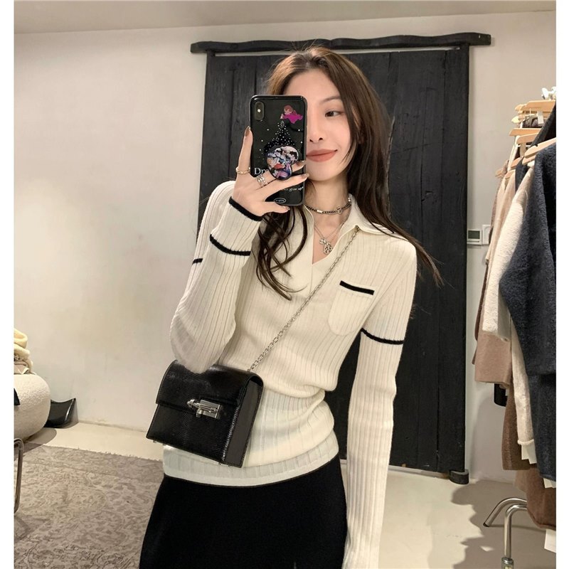 白色polo领针织打底衫女秋冬长袖上衣复古撞色小香风内搭修身毛衣|undefined