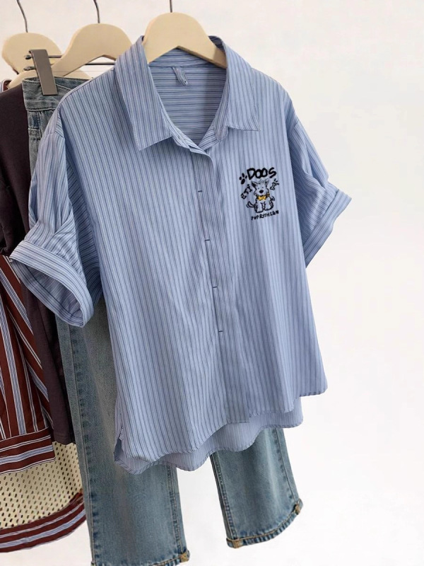 蓝色小狗正肩短袖衬衫女夏季2025新款爆款法式宽松上衣polo领上衣|undefined