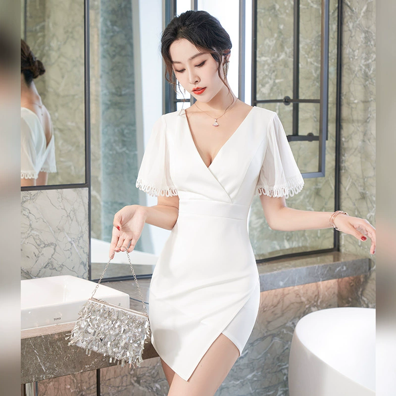 Сексуальное платье, шифоновое платье с низким вырезом, рукавом в виде листьев лотоса, ночное платье техника, приталенное женское платье для ночного клуба с нерегулярными бедрами, стройнящее