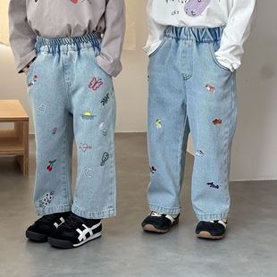Children's Jeans Spring and Autum Boys' Clothing Embroidered Casual Girls Straight 2025 New Autum Baby Pants