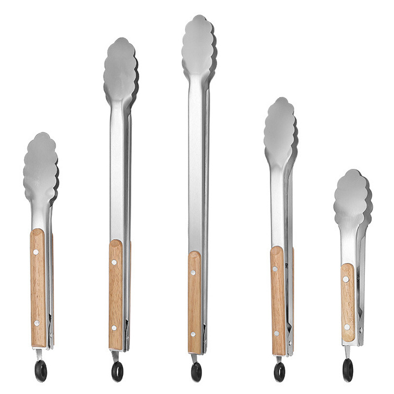 Stainless Steel Stall Barbecue Tongs with Oak Handle, Steak Tongs, Bbq Grill Tongs, Food Tongs, Extended Outdoor Barbecue Tongs