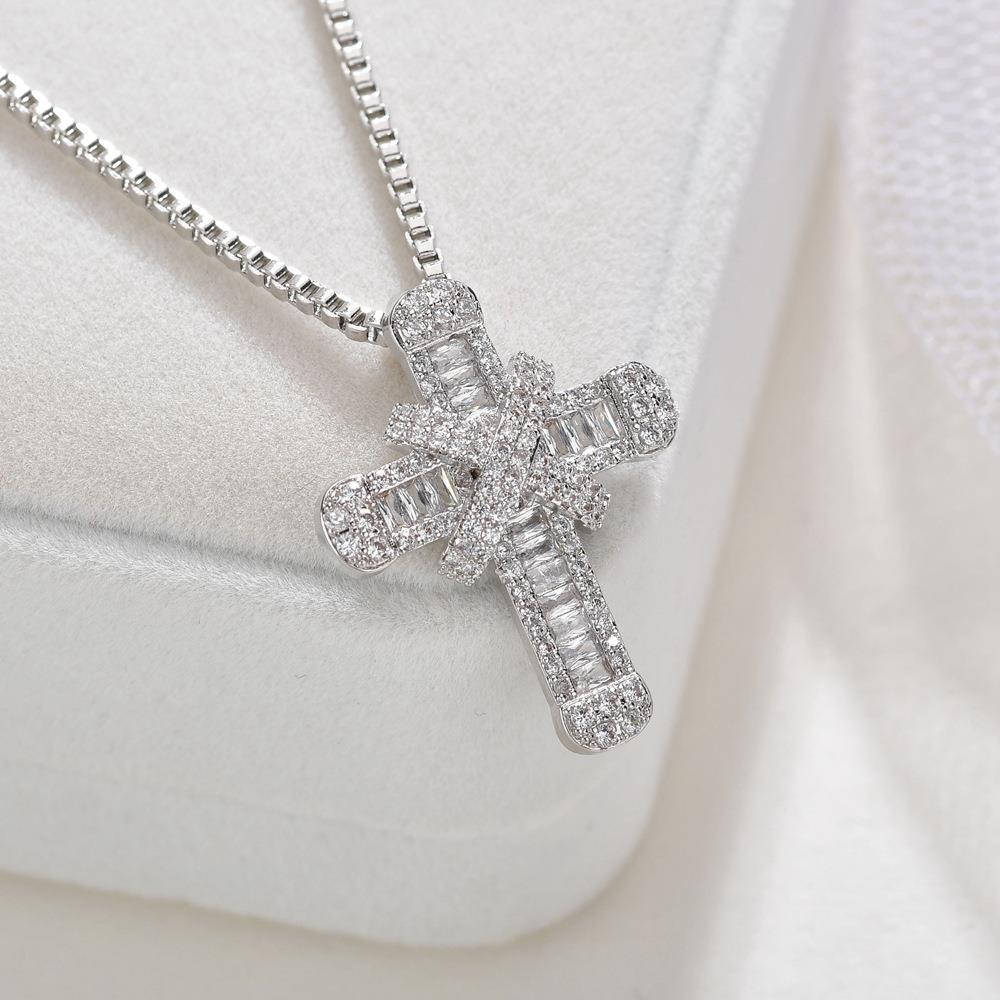 Fashion Cross Copper Inlay Zircon Pendant Necklace