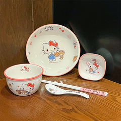 サンリオ陶磁器の碗のアニメのご飯の碗のスープの碗のかわいい皿の子供の食器のスプーンの箸の新製品は材料の皿をつけます。