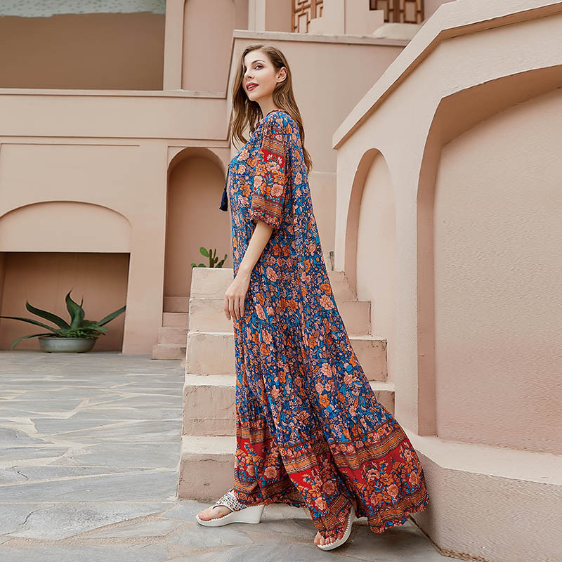 Grenzüberschreitendes, authentisches Plus-Size-Kleid aus dem Nahen Osten (Dubai), gefertigt aus Baumwolle und Seide mit Blumenmuster, locker geschnitten, kurzärmelig, für den Außenhandel_voghion.com