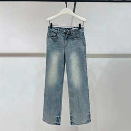 商场同款2024春季新款女装复古散边直筒高腰牛仔裤长裤EBD1JENT05