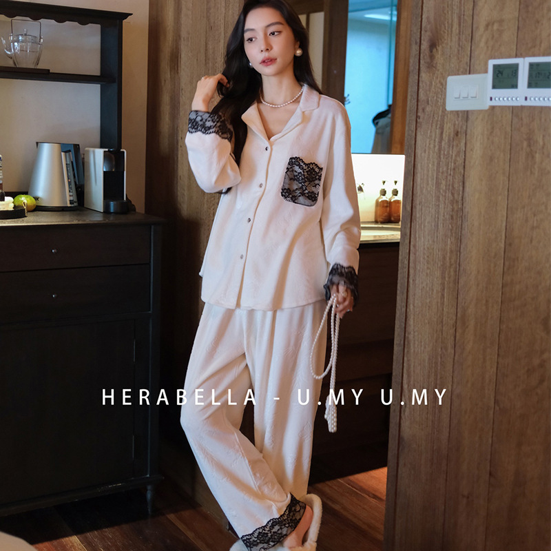Heralba Winter High-End Accessible Luxury French Lace Lapel Cardigan Island Velvet Pajamas Thickeneded Warm Home Clothes