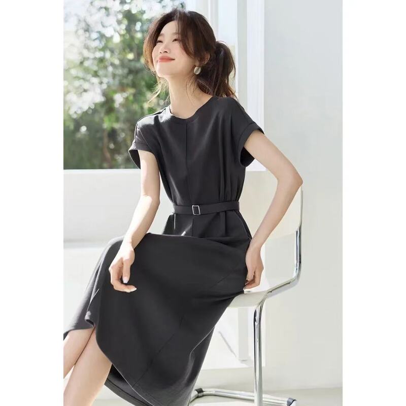 Casual Loose Round-Neck T-Shirt Dress with Back Slit, 2026 Summer New Style, Long Dress with Belt