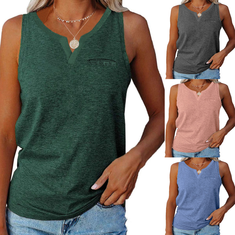European and American Amazon Independent Station Cross-border Spring and Summer New Vest V-neck Pocket Loose Casual Large Size Top for Women