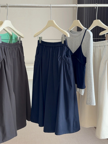 2026 spring and autumn new style elastic waist loose pocket skirt for women with high waist a-line skirt large swing medium and long umbrella skirt