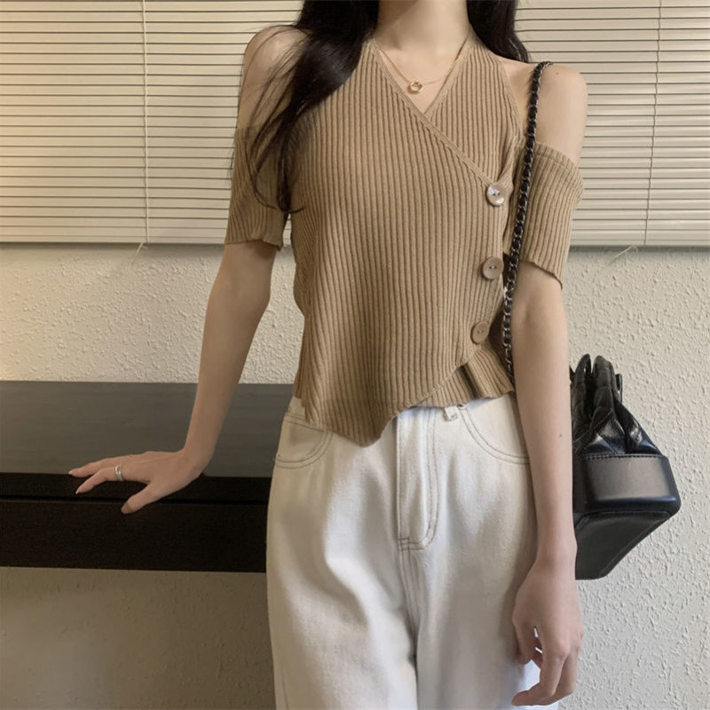 女性用オフショルダーホルターネックセーター、薄手の夏の新しいデザイン、ニッチで多用途なショートトップ|undefined