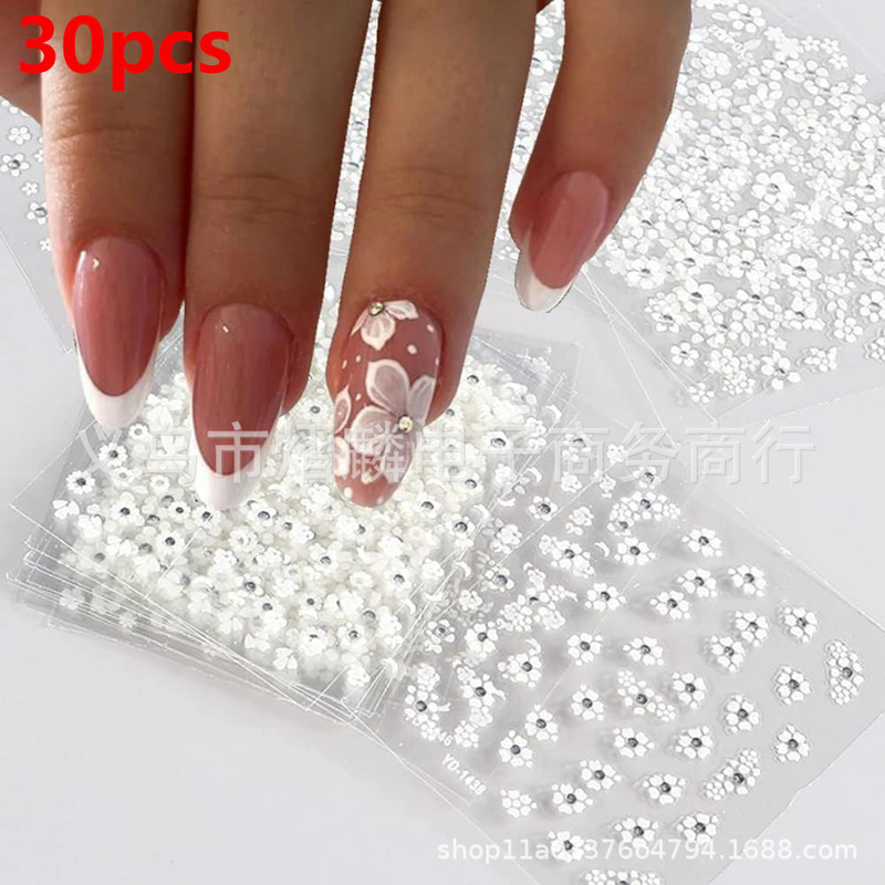 Cross-Border New Nail Art Stickers Ins Pink and White Cherry Blossom Black and White Imitation Diamond Flower 3D Non-Adhesive Nail Sticker Set