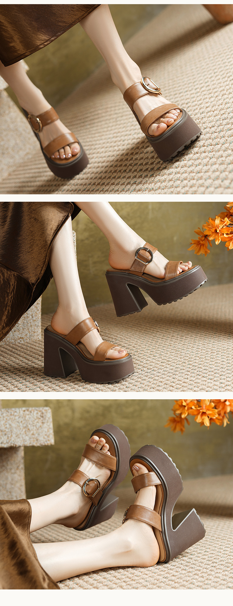 Sandal cao gót nữ da thật 13cm đế dày hở mũi quai ngang gót thô — Màu đen, Màu mơ chi tiết 4