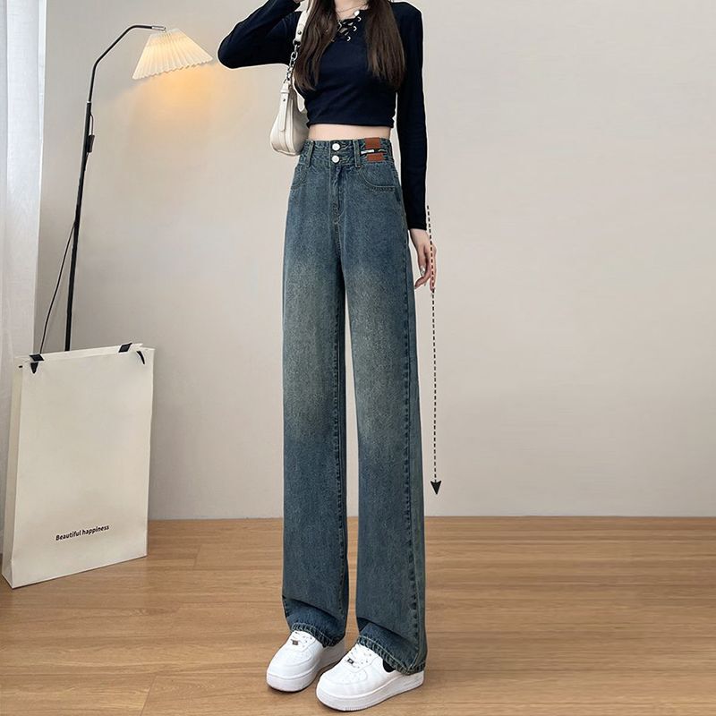 复古双排扣牛仔裤女春季新款春秋直筒宽松高腰显瘦拖地阔腿牛仔裤|undefined