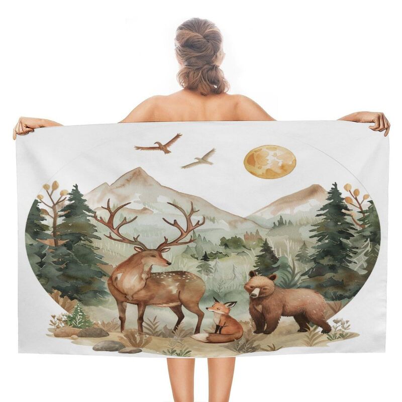 Cute Animal Forest Beach and Pool Beach Towel, Fun Deer, Fox, Bear, Tree, Snow Mountain, Soft Beach Towel
