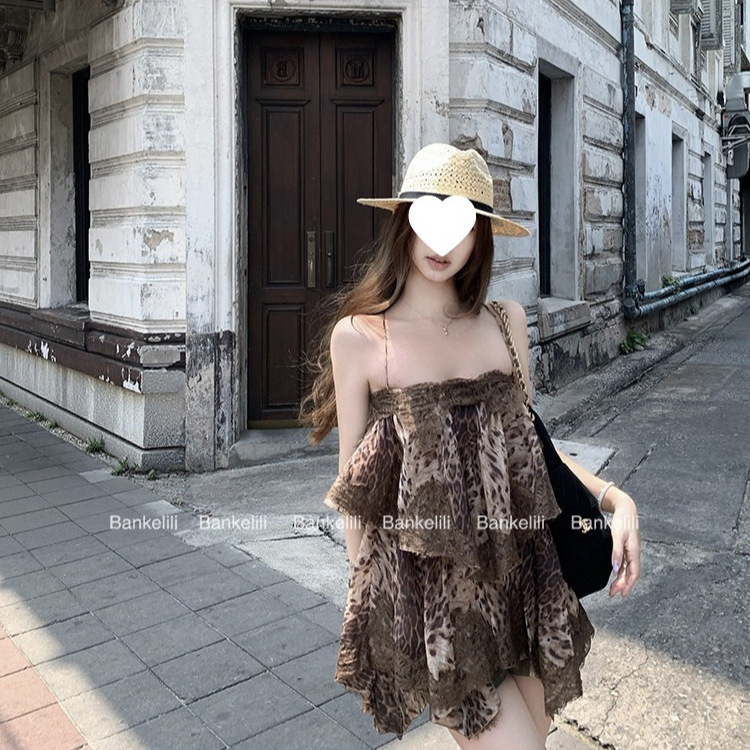 Chestnut Cocoa [Color Added]'Film Mist' Lace Backless Strap Ruffle Dress Long Style Women's Summer