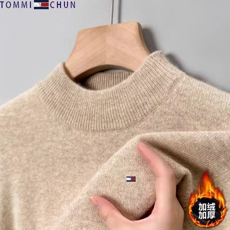 American Tommy Men's Wool Sweater Winter Casual Versatile Fleece-Lined Thick Warm Knitted Base Sweater