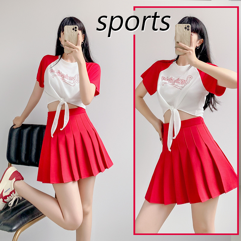 2024夏季新款拼接圆领系带百褶裙套装女啦啦操比赛服团服