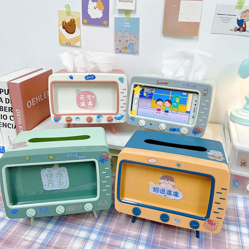 Popular celebridad en línea creativa caja de pañuelos multifuncional caja de pañuelos de escritorio caja de pañuelos de TV caja de almacenamiento retro con soporte para teléfono móvil