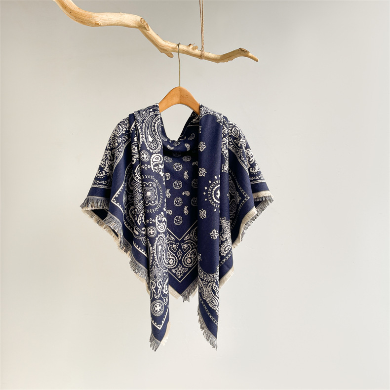 Predimenzionirani kašmirski kvadratni šal u etničkom stilu, ženski debeli šal s resicama, topli šal s cvijetom indijskih oraščića_voghion.com