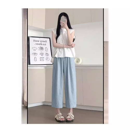 Acetic radish pants for women, summer high-waisted slimming wide-leg pants with a sense of elegance, petite nine-part textured grandma pants