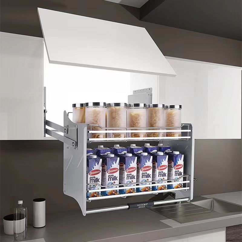 Cesta extraíble de gabinete colgante de cocina gabinete superior gabinete alto cesta de condimento desplegable cesta de tazón cesta de elevación de una sola capa de almacenamiento de gabinete superior cesta de elevación