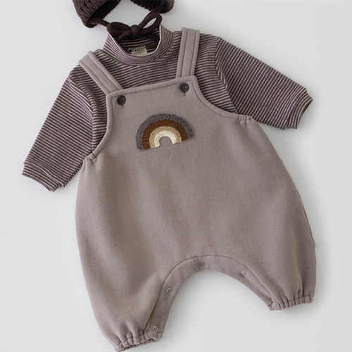 Korean style ins baby toddler onesie two-piece set baby cute rainbow suspenders pants round neck undershirt cotton suit 